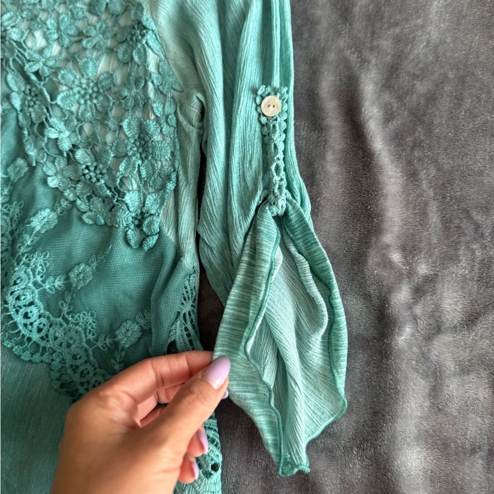 Feratelli Teal Crochet Lace Asymmetrical Chiffon Tunic XL Floral Fairy Grunge - Picture 4 of 8